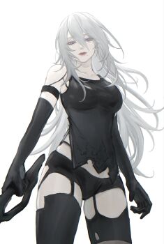 1girl a2_(nier:automata) android breasts closed_mouth cowboy_shot gi_ra1 grey_eyes grey_hair highres holding holding_sword holding_weapon lips long_hair looking_at_viewer medium_breasts mole mole_under_mouth nier:automata nier_(series) simple_background solo standing sword thigh_gap very_long_hair weapon white_background