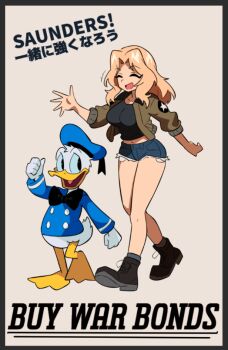 1boy 1girl black_bow black_bowtie black_footwear black_shirt blonde_hair blue_hat boots border bow bowtie breasts brown_jacket closed_eyes commentary crossover denim denim_shorts disney donald_duck duck_boy english_text full_body furry furry_male girls_und_panzer hat jacket kay_(girls_und_panzer) large_breasts long_hair long_sleeves mickey_mouse_&amp;_friends mixed-language_text open_mouth osa_(osavocaloid) propaganda shirt short_shorts shorts simple_background translation_request