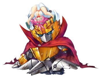 1girl @_@ armor asahi ass blush blush_stickers breast_press breasts broken_armor cape cleavage coat defeat dizzy full_armor full_body goggles goggles_on_head huge_ass huge_breasts lab_coat lilith-soft lying mecha moaning naked_coat navel on_back open_mouth pilot pink_hair rene_(taimanin_asagi) robot ryona sandals shiny_skin taimanin_(series) taimanin_rpgx transparent_background