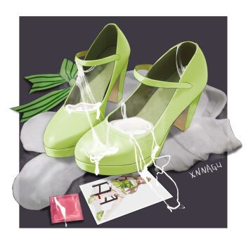 Rule 34 | 1girl, border, bow, brown hair, condom, condom wrapper, cum, cum on clothes, dress, green bow, green footwear, green ribbon, high heels, highres, no humans, photo (object), ribbon, shoes, simple background, single shoe, socks, solo, striped bow, striped ribbon, unworn shoes, unworn socks, virtual youtuber, xnnagu