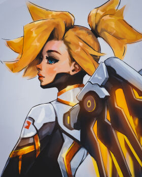 Rule 34 | 1girl, absurdres, blonde hair, blue eyes, bodysuit, closed mouth, commentary, english commentary, from behind, grey background, high ponytail, highres, lips, looking up, mechanical wings, mercy (overwatch), nose, overwatch, parted hair, ponytail, short hair, simple background, solo, titanartx, upper body, white bodysuit, wings