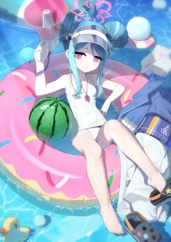 1girl absurdres afloat antenna_hair armband bare_legs bare_shoulders barefoot blue_archive blue_armband blue_hair blush breasts closed_mouth crocs day donut_innertube dot_nose double_bun feet food fruit fubuki_(blue_archive) fubuki_(swimsuit)_(blue_archive) full_body hair_bun halo hand_up highres holding holding_megaphone innertube jacket liwen520 loli looking_at_viewer megaphone multicolored_hair official_alternate_costume old_school_swimsuit on_innertube one-piece_swimsuit pink_halo rubber_duck school_swimsuit short_hair small_breasts solo swim_ring swimsuit toenails toes unworn_jacket visor_cap water watermelon whistle whistle_around_neck white_one-piece_swimsuit white_school_swimsuit