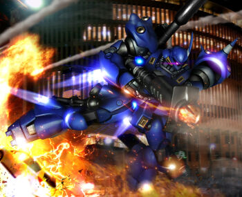 3d battle bazooka_(gundam) building cannon cityscape commentary_request explosion fire gundam gundam_0080 hiropon_(tasogare_no_puu) kampfer_(mobile_suit) lens_flare lights machinery mecha mecha_focus mobile_suit no_humans one-eyed photo_background realistic robot shoulder_spikes smoke spikes zeon