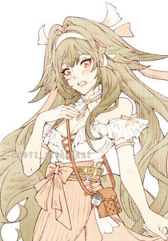 1girl armband bag bag_charm bangboo_(zenless_zone_zero) bare_shoulders blush breasts brooch brown_hair charm_(object) cleavage commentary cross-laced_clothes cross-laced_top droopy_ears frilled_armband frilled_shirt frilled_shirt_collar frills hair_intakes hairband hand_on_own_chest hand_up heart heart_brooch high-waist_skirt jewelry large_breasts long_hair long_skirt looking_at_viewer official_alternate_costume open_mouth red_bag red_eyes red_ribbon red_skirt ribbon roti_strawberi shirt shoulder_bag simple_background skirt solo symbol-only_commentary twitter_username upper_body very_long_hair white_armband white_background white_hairband white_shirt ye_shunguang zenless_zone_zero