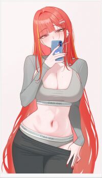 Rule 34 | 1girl, absurdres, akane lize, black pants, blush, border, brand name imitation, breasts, calvin klein, cellphone, cleavage, clothes pull, commentary, cross, cross earrings, ear piercing, earrings, fake nails, fingernails, grey eyes, grey panties, grey shrug, grey sports bra, hair ornament, hairclip, half-closed eyes, hand up, highres, holding, holding phone, huge breasts, jewelry, korean commentary, long hair, long sleeves, looking at viewer, mole, mole under eye, multicolored hair, navel, panties, pants, pants pull, parted bangs, phone, piercing, pulling own clothes, red hair, red nails, selfie, shrug (clothing), simple background, single earring, smartphone, solo, somteori, sports bra, sports panties, stellive, stomach, straight hair, streaked hair, underwear, very long hair, virtual youtuber, white background, white border