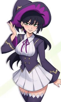 Rule 34 | 1girl, absurdres, arm at side, black hair, buttons, collared dress, cowboy shot, double-breasted, dress, earrings, edmonmondo, fortnite, freckles, green eyes, grin, hair between eyes, hand up, hat, helsie (fortnite), highres, jacket, jewelry, long hair, long sleeves, looking at viewer, low ponytail, neck ribbon, pink lips, pleated dress, ponytail, purple hat, purple jacket, purple nails, purple ribbon, purple thighhighs, ribbon, simple background, smile, solo, thighhighs, very long hair, white background, white dress, wide sleeves, wing collar, witch, witch hat, zettai ryouiki