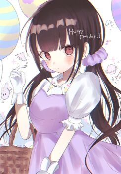 1girl 3656_chan balloon brown_hair commentary_request danganronpa_(series) danganronpa_v3:_killing_harmony dress gloves hair_ornament hair_scrunchie happy_birthday harukawa_maki highres long_hair looking_at_viewer low_twintails mole mole_under_eye pink_dress puffy_short_sleeves puffy_sleeves red_eyes scrunchie short_sleeves solo twintails white_gloves