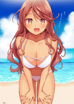 Rule 34 | 1girl, beach, bikini, bikini day, breasts, brown eyes, cleavage, cloud, cloudy sky, collarbone, day, halterneck, hazuki natsu, highres, leaning forward, looking at viewer, nail polish, navel, ocean, original, outdoors, pink hair, signature, sky, smile, solo, standing, swimsuit, tan, white bikini