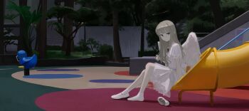 1girl absurdres angel angel_wings blonde_hair dress expressionless feathered_wings halo highres long_hair looking_at_viewer original orval playground shoes short_sleeves single_shoe slide socks solo traditional_halo tree white_dress white_shoes white_socks wings