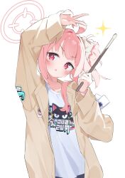 Rule 34 | 1girl, :&lt;, absurdres, arm up, blue archive, blush, brown jacket, collarbone, cowboy shot, dot nose, drumsticks, hair ornament, hair scrunchie, halo, hand up, head tilt, highres, holding, holding drumsticks, jacket, long hair, long sleeves, looking at viewer, natsu (blue archive), open clothes, open jacket, open mouth, pink hair, print shirt, red eyes, scrunchie, shirt, side ponytail, sidelocks, simple background, sleeves past wrists, solo, sparkle, suta0822, v-shaped eyebrows, white background, white shirt
