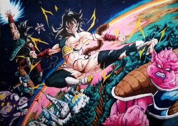 1girl bardock black_eyes black_hair blood couple dodoria dragon_ball dragon_ball_super dragon_ball_super_broly fighting gine highres husband_and_wife ki_blast kicking multiple_boys muscular muscular_female muscular_male planet saiyan saiyan_armor serious space tail thick_thighs thighs torn_clothes