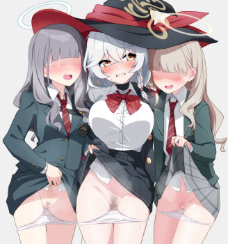 3girls absurdres bar_censor black_hat black_skirt blazer blue_archive blue_halo blush bow bowtie breasts brown_eyes censored clothes_lift collared_shirt commentary_request diagonal-striped_bow diagonal-striped_bowtie diagonal-striped_clothes diagonal-striped_necktie eri_(blue_archive) faceless faceless_female female_pubic_hair green_jacket green_skirt grey_hair grey_skirt halo hat highres jacket large_breasts long_hair long_sleeves medium_breasts miniskirt multiple_girls necktie open_mouth orange-bird panties panty_pull parted_lips pee_stain plaid_clothes plaid_skirt pleated_skirt pubic_hair pussy red_bow red_bowtie red_necktie revision school_uniform shirt simple_background skirt skirt_lift stained_panties striped_bow striped_bowtie striped_clothes thigh_gap underwear white_background white_hair white_panties white_shirt wildhunt_art_academy_student_(ar)_(blue_archive) wildhunt_art_academy_student_(smg)_(blue_archive) witch_hat yellow_halo