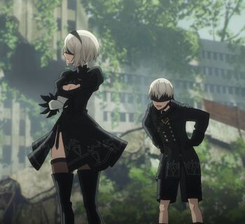 1boy 1girl 2b_(nier:automata) 9s_(nier:automata) black_boots black_choker black_dress black_gloves black_hairband black_jacket black_shorts black_thighhighs black_visor blindfold blurry blurry_background boots breasts choker cleavage cleavage_cutout closed_mouth clothing_cutout commentary crossed_arms dress english_commentary feather_trim feet_out_of_frame gloves grey_hair hair_between_eyes hairband hands_on_own_hips jacket juliet_sleeves long_sleeves medium_breasts mole mole_under_eye nas_292 nier:automata nier_(series) open_mouth outdoors puffy_sleeves short_hair shorts side_slit thigh_boots thighhighs turtleneck turtleneck_dress