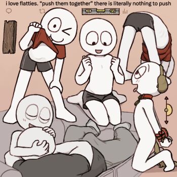 >_o 2boys :p alex_(homie) animal_ears bent_over big_guy_(homie) black_shirt black_shorts bound bound_wrists brown_background bulge closed_eyes colored_skin couch english_text fake_animal_ears grey_pants highres homunculus100 multiple_boys multiple_views no_nipples nude on_couch one_eye_closed open_mouth original pants pet_play red_shirt shirt shorts sweatpants t-shirt tongue tongue_out topless_male white_skin yaoi