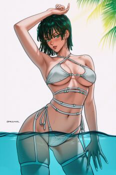 1girl ai-assisted arm_up armpits artist_name bare_shoulders bikini blush breasts breasts_apart collarbone contrapposto earrings film_grain fubuki_(one-punch_man) garter_straps green_eyes green_hair hand_on_own_head head_tilt highleg highres hip_dips jewelry looking_at_viewer medium_breasts nail_polish navel one-punch_man parted_lips prixmal short_hair side-tie_bikini_bottom sidelighting simple_background solo strap strap_pull swimsuit thighs wading water wet white_bikini white_nails