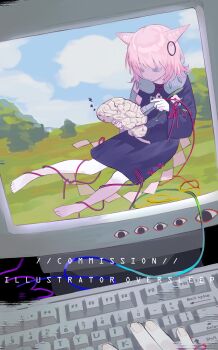 1girl 1other absurdres animal_ears barefoot black_dress blue_sky brain cloud cloudy_sky computer computer_keyboard day dress grass hair_ribbon highres holding long_sleeves looking_down monitor on_grass original outdoors oversleep pink_hair red_rope ribbon rope sitting sky stethoscope zzz