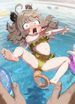 1girl ahoge barefoot bikini borrowed_character child feet frilled_bikini frills highres innertube light_brown_hair loffo loli long_hair macci_(possummachine) messy_hair navel original pool possum_ears possum_girl possum_tail pov pushing soles spread_legs swim_ring swimsuit toes