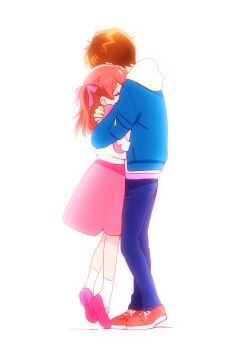 Rule 34 | 1boy, 1girl, backlighting, blue jacket, blue pants, brown hair, closed eyes, commentary, delicious party precure, dress, from side, hair ribbon, hetero, highres, hood, hood down, hoodie, hug, jacket, kyanos (b 0000ff), long sleeves, medium dress, medium hair, nagomi yui, pants, pink dress, pink shoes, precure, red shoes, ribbon, shinada takumi, shoes, short hair, simple background, sneakers, socks, standing, sweater vest, tiptoes, white background, white hoodie, white socks, white sweater vest