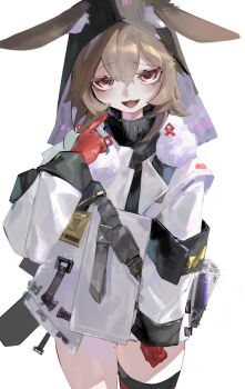 1girl :d absurdres animal_ear_fluff animal_ears arknights brown_hair caper_(arknights) commentary_request cowboy_shot ears_through_hood gloves hair_between_eyes highres hood hood_up ippanjin_nigouki jacket long_sleeves looking_at_viewer mole mole_on_thigh open_mouth pointing pointing_at_self pom_pom_(clothes) rabbit_ears rabbit_girl red_eyes red_gloves simple_background single_thighhigh smile solo thighhighs white_background