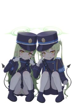2girls absurdres blue_archive closed_mouth commission demon_tail gloves green_hair green_halo halo hat highres hikari_(blue_archive) loli long_hair mooramango multiple_girls nozomi_(blue_archive) panties pantyshot pixiv_commission pointy_ears simple_background striped_clothes striped_panties tail underwear upskirt white_background yellow_eyes