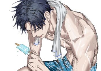 1boy absurdres blue_hair chamuring facial_hair food hashtag-only_commentary highres male_focus popsicle seon-woo_eden short_hair shorts simple_background sitting solo special_civil_servant topless_male towel towel_around_neck unfinished wet wet_hair white_background
