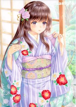 1girl amami_(nrwm4332) black_hair closed_mouth commentary_request cowboy_shot fingernails floral_print floral_print_kimono flower grey_eyes hair_flower hair_ornament hands_up japanese_clothes kimono light_blush long_hair long_sleeves looking_at_viewer marker_(medium) obi original partial_commentary print_kimono purple_flower purple_kimono purple_rose rose sash shouji sliding_doors solo standing striped_clothes striped_kimono traditional_media vertical-striped_clothes vertical-striped_kimono wide_sleeves