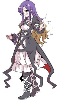 Rule 34 | 1girl, baba (baba seimaijo), beads, black boots, black dress, blonde hair, boots, breasts, commentary request, dress, full body, gradient hair, hijiri byakuren, long hair, long sleeves, looking at viewer, medium breasts, multicolored hair, prayer beads, purple hair, smile, solo, touhou, very long hair, white background, white dress