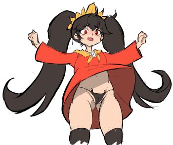 1girl artist_request ashley_(warioware) black_hair black_panties brooch cameltoe cropped_legs dress fang female_focus gluteal_fold groin hair_between_eyes hairband highres jewelry kneehighs loli long_hair long_sleeves navel neckerchief nintendo open_mouth orange_hairband orange_neckerchief outstretched_arms panties red_dress red_eyes sidelocks simple_background sketch skull skull_brooch socks solo spread_arms standing thighs twintails underwear upskirt warioware white_background