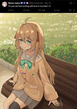 1girl absurdres ahoge aqua_bow aqua_bowtie bench black_thighhighs blue_eyes blue_sailor_collar blue_skirt bow bowtie brown_hair bush cardigan closed_mouth commentary english_commentary from_above from_side grass hair_between_eyes hair_ornament hair_ribbon hashtag-only_commentary heart heart_hair_ornament highres inset long_hair long_sleeves looking_at_viewer miniskirt neuro-sama noayuzuki off-shoulder_cardigan on_bench outdoors pleated_skirt red_ribbon ribbon sailor_collar screenshot_inset shirt single_thighhigh skirt smile thighhighs twitter two_side_up vedal987 vedal_ai virtual_youtuber white_shirt yellow_cardigan