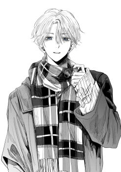 1boy absurdres adjusting_scarf coat commentary greyscale hair_between_eyes hatching_(texture) highres k_(user_pwkj7444) linear_hatching long_sleeves looking_at_viewer male_focus monochrome original parted_hair parted_lips scarf short_hair simple_background sleeves_past_wrists sweater upper_body white_background