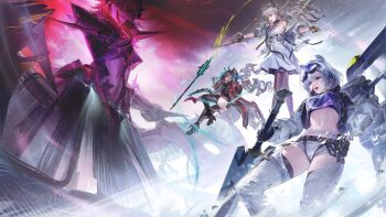 Rule 34 | 4girls, angelina (arknights), animal ears, arknights, arknights: endfield, aurora (arknights), bear ears, bear girl, belt pouch, bird ears, bird girl, black pantyhose, black shoes, black thighhighs, brown hair, clothing cutout, crotch cutout, dress, drill hair, fold-over boots, fox ears, fox girl, gilberta (arknights), goggles, goggles on head, grey hair, highres, holding, holding sword, holding weapon, jacket, midriff, multiple girls, navel, nefarith (arknights), official art, open clothes, open jacket, pants, pantyhose, perlica (arknights), pouch, red hair, second-party source, shoes, ski goggles, snowshine (arknights), sword, thigh cutout, thighhighs, twin drills, two-sided gloves, weapon, white dress, white jacket