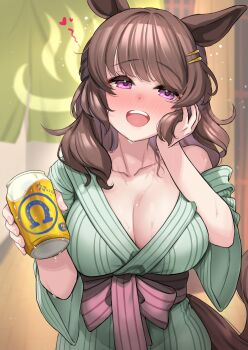 1girl :d animal_ears bare_shoulders beer_can blush bow breasts brown_hair can cleavage collarbone commentary_request drink_can drunk green_kimono hand_in_own_hair heart heart-shaped_pupils highres holding holding_can horse_ears horse_girl horse_tail japanese_clothes kibihimi kimono large_breasts light_hello_(umamusume) long_hair long_sleeves looking_at_viewer nose_blush obi off_shoulder open_mouth outdoors purple_bow purple_eyes revision sash smile solo striped_clothes striped_kimono symbol-shaped_pupils tail teeth umamusume upper_body upper_teeth_only wide_sleeves