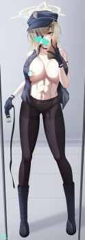 1girl abs absurdres belt black_choker black_gloves black_hat black_panties black_pantyhose blonde_hair blue_archive boots breasts cellphone censored censored_identity censored_nipples choker commentary_request eyepatch full_body gloves green_eyes halo hat heart heart_censor highres holding holding_belt holding_phone knee_boots large_breasts looking_at_viewer lowleg lowleg_panties medium_hair mirror_selfie muscular muscular_female panties pantyhose peaked_cap phone reflection reflection_focus selfie smartphone solo string_panties suou_(blue_archive) taking_picture thighband_pantyhose underwear unworn_belt vest z_shitei_ero