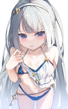 1girl absurdres areola_slip arm_behind_back bare_shoulders bikini bikini_top_lift blue_bikini blue_eyes blush breasts closed_mouth clothes_lift collarbone covered_erect_nipples cowboy_shot embarrassed extra_pupils female_tyrant_(stella_sora) frilled_bikini frills from_above grey_hair hair_ornament hairband hashtag-only_commentary highres key lifting_own_clothes long_hair mkldragon multicolored_bikini navel official_alternate_costume pointy_ears small_breasts solo stella_sora stomach swimsuit thigh_gap two-tone_bikini tyrant_(stella_sora) very_long_hair white_bikini white_hairband