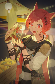 Rule 34 | 1boy, :o, animal ears, backlighting, black scarf, braid, braided ponytail, brown gloves, burger malfunction, cat ears, cowboy shot, crate, doner kebab, doner sandwich, eating, elbow gloves, facial mark, final fantasy, final fantasy xiv, fingerless gloves, food, food malfunction, food on face, fringe trim, from side, fruit, g'raha tia, gloves, grey shirt, hair ornament, hands up, highres, holding, holding food, jacket, jewelry, lantern, lens flare, low ponytail, male focus, miqo'te, mt (ringofive), neck tattoo, night, open mouth, outdoors, pendant, ponytail, red eyes, red hair, red jacket, scarf, shirt, short hair, short ponytail, single braid, solo, standing, surprised, swept bangs, taco, tattoo, wide-eyed, x hair ornament