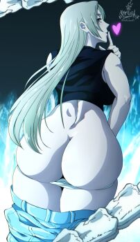 1girl ass blonde_hair blowing_kiss butt_crack clothes_pull finger_to_mouth highres huge_ass itskawer jujutsu_kaisen looking_back panties pants pants_pull panty_pull pulling_own_clothes teasing tsukumo_yuki_(jujutsu_kaisen) underwear