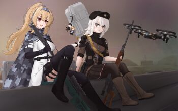 absurdres blonde_hair boots camouflage_cape cape commentary desert drone english_commentary girls'_frontline girls'_frontline_2:_exilium gun hair_over_one_eye highres long_hair looking_at_another mr.something on_train rifle sitting smile sniper_rifle sv-98_(girls'_frontline) svd_(girls'_frontline) weapon weapon_case white_hair