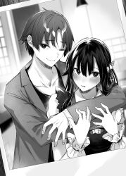 Rule 34 | 1boy, 1girl, absurdres, blurry, blurry background, blush, bow, closed mouth, collarbone, commentary request, depth of field, embarrassed, flustered, frilled wrist cuffs, frills, furrowed brow, greyscale, hair between eyes, hair bow, hands up, head tilt, highres, hitotsuba kaede, hug, hug from behind, jacket, kakao (chocolate land), long hair, long sleeves, looking at viewer, monochrome, novel illustration, official art, one eye closed, open clothes, open jacket, parted lips, photo (object), ryoushin no shakkin, second-party source, short hair, small sweatdrop, smirk, wrist cuffs, yoshizumi yuya