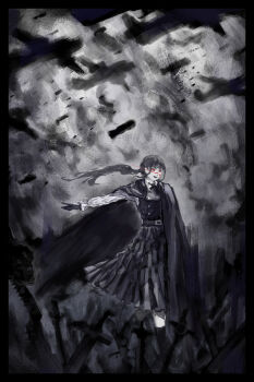 1girl absurdres aircraft airplane black_cape black_dress black_gloves black_hair bomber cape chainsaw_man dress gloves highres kaichidai long_hair long_sleeves looking_at_viewer military_vehicle outdoors overcast pinafore_dress red_eyes scar scar_on_face scar_on_nose shirt sky sleeveless sleeveless_dress solo standing white_shirt yoru_(chainsaw_man)