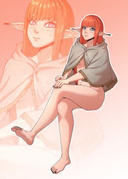 1girl absurdres barefoot black_nails blue_eyes bottomless chuckuddin closed_mouth commentary crossed_legs english_commentary feet full_body gradient_background grey_cloak hand_on_own_knee highres hime_cut hulkenberg_(metaphor:_refantazio) invisible_chair legs long_hair long_pointy_ears looking_at_viewer metaphor:_refantazio nail_polish no_panties orange_background orange_hair paid_reward_available pointy_ears sitting soles solo thighs toenail_polish toenails toes zoom_layer
