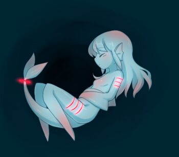 Rule 34 | 1girl, animal ears, between legs, blue eyes, blue hair, blue sclera, blue skin, breasts, closed eyes, colored sclera, colored skin, female focus, filet (kai himo), fins, floating, from side, full body, gills, gradient hair, head fins, kai himo, monster girl, multicolored hair, no arms, no feet, no legs, nude, original, pink hair, red pupils, small breasts, solo, tail, tail between legs, underwater