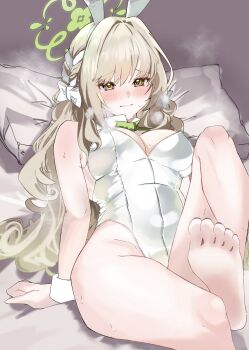 1girl absurdres animal_ears bare_shoulders blonde_hair blue_archive blush braid breasts closed_mouth commentary_request feet fluffy_hair green_halo hair_ornament halo head_on_pillow highres long_hair lying medium_breasts miyo_(blue_archive) on_back pillow playboy_bunny rabbit_ears ribbon side_braid simple_background white_ribbon yellow_eyes yumekou0839