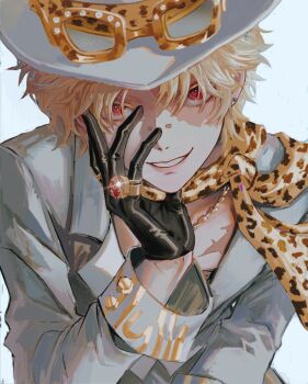 1boy absurdres animal_print ba_ger_cat black_gloves bridge_piercing eyewear_on_headwear face_piercing gem gloves hat head_tilt highres identity_v jewelry leopard_print looking_at_viewer male_focus norton_campbell norton_campbell_(dazzling_lone_wolf) official_alternate_costume piercing red_eyes red_gemstone ring scar scar_on_chest scarf smirk solo upper_body white_hat yellow-framed_eyewear