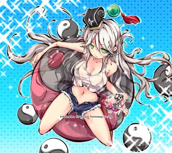 1girl bikini bikini_top_only bikini_under_clothes black_bikini black_hat blue_background blue_pants blush breasts cleavage collarbone commentary_request company_name copyright_notice crop_top from_above full_body green_eyes hair_between_eyes hat highres himegami_kagura innertube jitome large_breasts logo long_hair looking_at_viewer micro_shorts mini_hat ms06s navel official_art pants parted_lips see-through_cleavage see-through_clothes shorts sitting solo swim_ring swimsuit taijo_roukun_(himegami_kagura) tank_top thighs very_long_hair white_hair white_tank_top