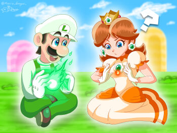 ? brown_hair crown dress fire fire_daisy fire_luigi gloves grass hat highres kneeling learning luigi mario_(series) mario_dragon nintendo overalls princess_daisy shirt shoes sitting smile super_mario_bros._wonder teaching