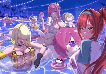 5girls :d absurdres bikini black_choker black_gloves blonde_hair breast_press breasts centi_(nikke) centi_(supreme_holiday)_(nikke) choker collarbone cup doro_(nikke) dorothy_(nikke) dorothy_(serendipity)_(nikke) drinking_glass elegg_(boom_and_shock)_(nikke) elegg_(nikke) fang ghost gloves goddess_of_victory:_nikke grin hair_intakes hair_over_eyes highres holding holding_cup hologram inflatable_raft innertube large_breasts multiple_girls night night_sky official_alternate_costume open_mouth partially_submerged pink_hair pinne_(nikke) pool purple_eyes rapi_(nikke) rapi_(red_hood)_(nikke) rapi_(red_hood)_(red_flavor)_(nikke) red_eyes red_hair see-through_clothes see-through_shirt shirt short_hair shupita sky slingshot_swimsuit smile star_(sky) starry_sky stuffed_toy sunglasses swim_ring swimsuit tove_(nikke) tove_(sunblaze)_(nikke) tree upper_body v wading water wet wet_clothes wet_shirt white_bikini yellow_slingshot_swimsuit