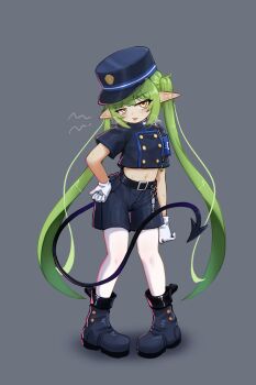 1girl alternate_sleeve_length arm_at_side armband belt black_belt black_boots black_jacket black_shorts black_tail blue_archive blue_armband blue_hat blush boots breasts buttons contrapposto cropped_jacket demon_girl demon_tail double-breasted full_body gloves green_hair grey_background half-closed_eyes hand_on_own_hip hat head_tilt highres jacket jitome long_hair looking_at_viewer making-of_available midriff navel no_halo nozomi_(blue_archive) pantyhose peaked_cap pointy_ears shadow short_sleeves shorts sidelocks simple_background small_breasts solo standing sweat tail tongue tongue_out twintails very_long_hair wangcorai whistle white_gloves white_pantyhose yellow_eyes