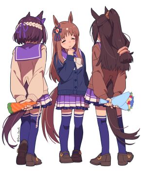Rule 34 | 3girls, animal ears, arms behind back, blue cardigan, blush, bouquet, bow, bowtie, braid, brown cardigan, brown hair, cardigan, carrot, closed eyes, closed mouth, commentary request, ear bow, ear ribbon, el condor pasa (umamusume), flower, grass wonder (umamusume), hair between eyes, half up braid, highres, holding, holding bouquet, horse ears, horse girl, horse tail, long hair, long sleeves, multicolored hair, multiple girls, party popper, pleated skirt, ponytail, purple bow, purple shirt, purple skirt, purple thighhighs, sailor collar, sailor shirt, school uniform, shirt, shoes, short hair, skirt, smile, special week (umamusume), tail, teddy (takarada), thighhighs, tracen school uniform, two-tone hair, umamusume, white bow, white bowtie, white hair