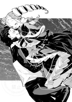 1boy 1girl beatrice_(re:zero) blush bow capelet carrying closed_eyes dress drill_hair eyelashes forehead-to-forehead frilled_dress frilled_sleeves frills fur-trimmed_capelet fur_trim greyscale hair_ribbon hair_slicked_back happy heads_together highres hug jacket long_hair long_sleeves monochrome natsuki_subaru open_mouth pants re:zero_kara_hajimeru_isekai_seikatsu ribbon short_hair sidelocks skrmy_rs smile track_jacket twin_drills twintails wide_sleeves