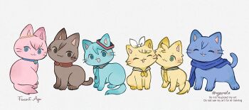 :3 :p ^_^ animal animalization aqua_cat aqua_eyes aqua_necktie ayu_(mog) black_sailor_collar blue_cat blue_choker blue_eyes blue_scarf blush_stickers bow brooch brown_cat brown_eyes cat choker closed_eyes clothed_animal commentary_request detached_collar dot_nose gold_hairband green_eyes grey_sailor_collar hair_between_eyes hair_bow hair_ornament hairband hairclip happy hatsune_miku highres jewelry kagamine_len kagamine_rin kaito_(vocaloid) light_blush lineup megurine_luka meiko_(vocaloid) neckerchief necktie no_humans nuzzle parted_bangs parted_lips pink_cat red_choker sailor_collar scarf signature simple_background swept_bangs tie_clip tongue tongue_out twitter_username vocaloid white_background white_bow yellow_cat yellow_neckerchief yellow_necktie